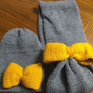 Crocheted Hat and Loop Scarf Bundle with Yellow Bow